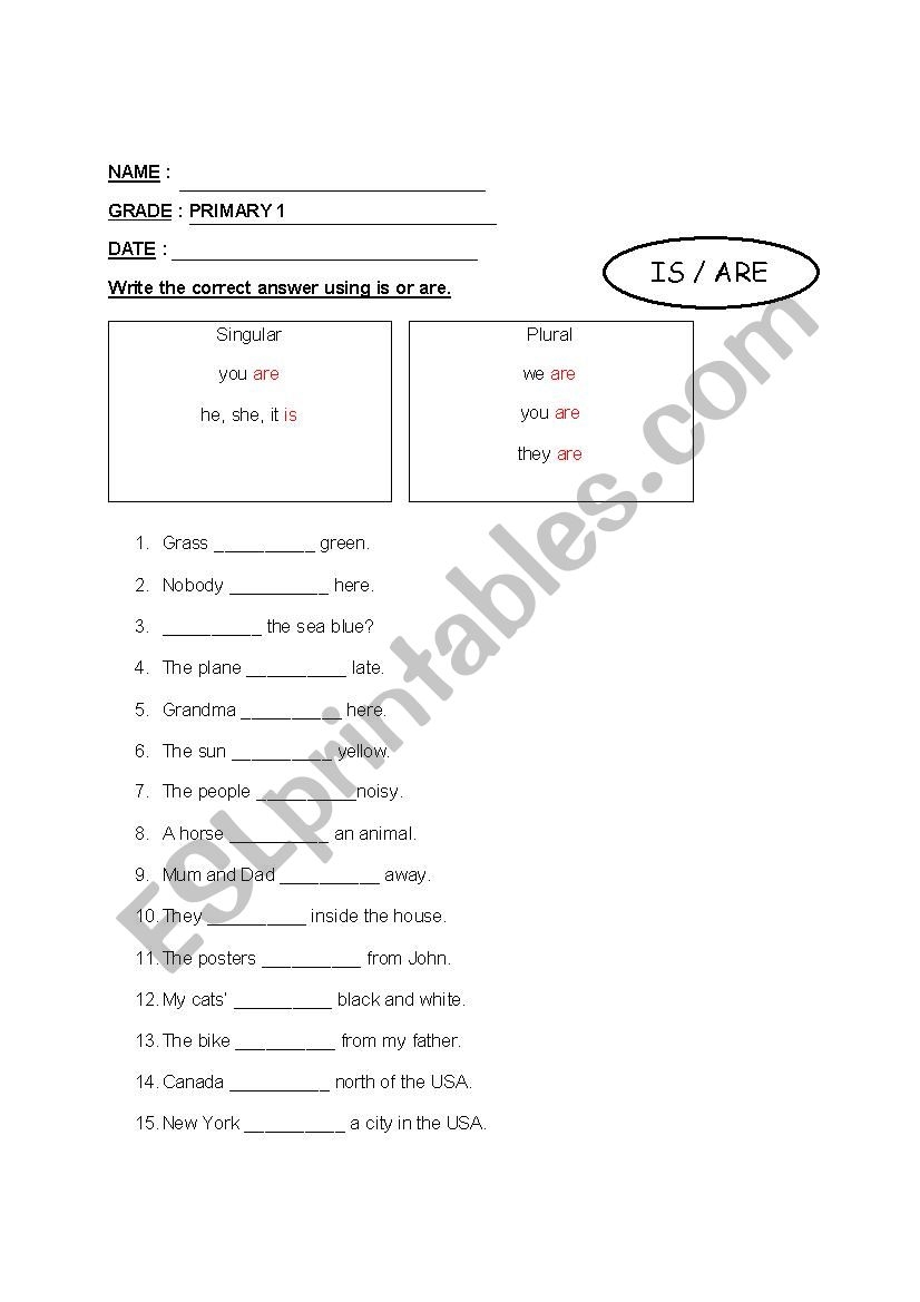 Grammar PRIMARY 1 ESL Worksheet By Giler
