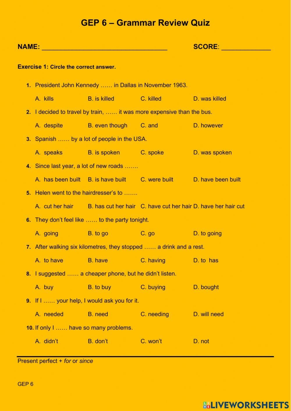 6th Grade Grammar Review Worksheets