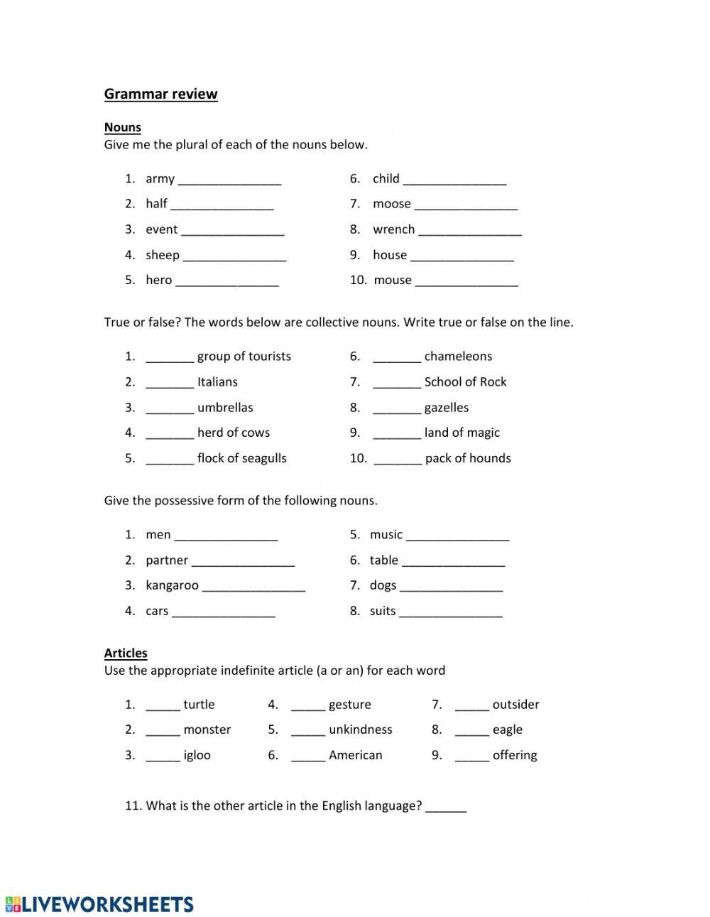 Articles Grammar Ks2 Worksheet