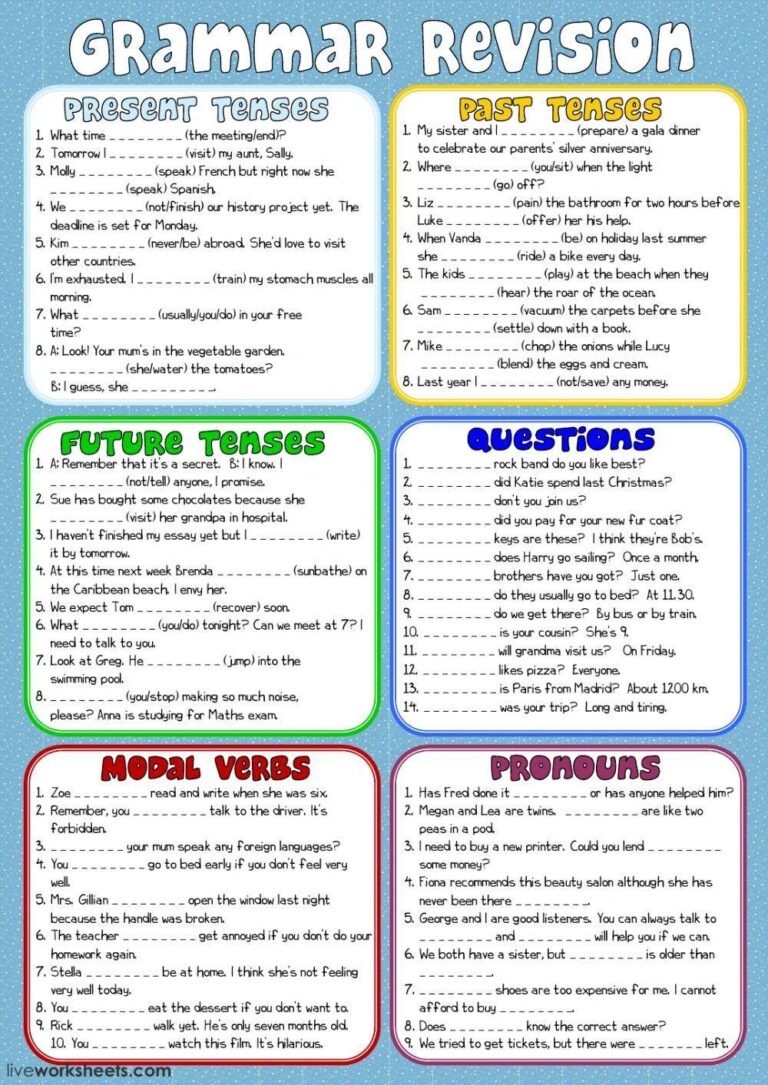 Grammar Revision Free Interactive Worksheets 47498