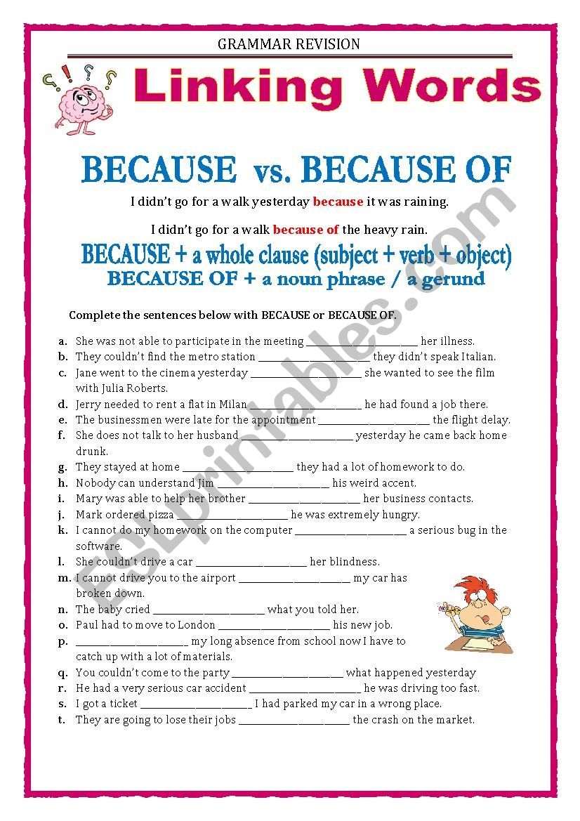 GRAMMAR REVISION LINKING WORDS BECAUSE Vs BECAUSE OF ESL Worksheet By Keyeyti GRAMMAR REVISION LINKING WORDS BECAUSE Vs BECAUSE OF ESL Worksheet By Keyeyti