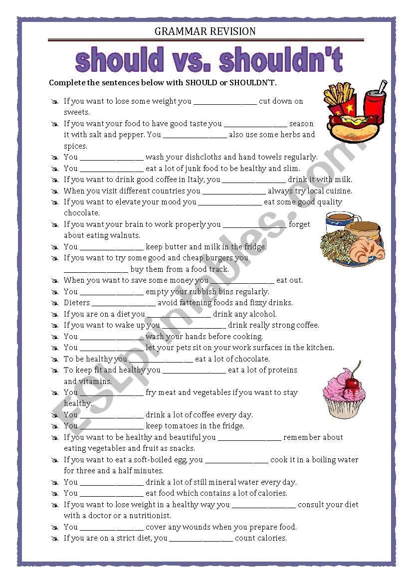 GRAMMAR REVISION SHOULD OR SHOULDN T FOOD ESL Worksheet By Keyeyti