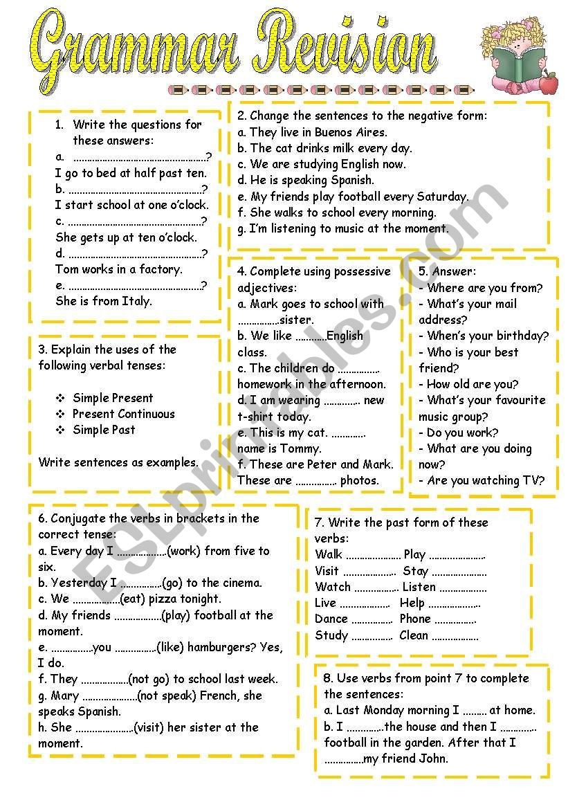 Grammar Revision Worksheet With Answers
