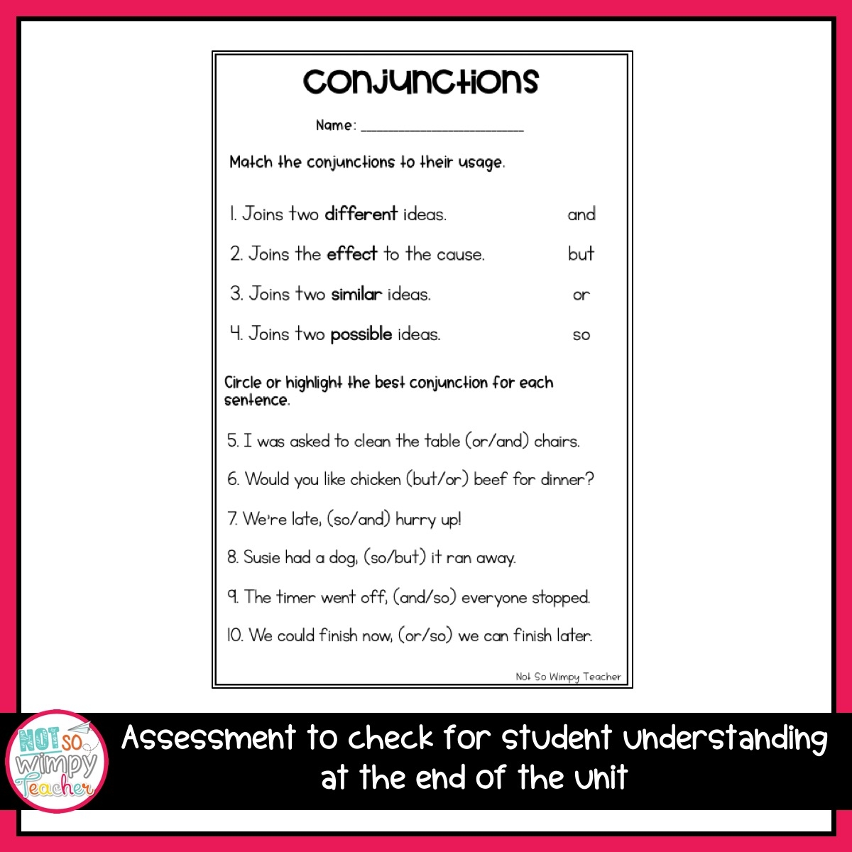 Weekly Grammar Worksheet Conjunctions