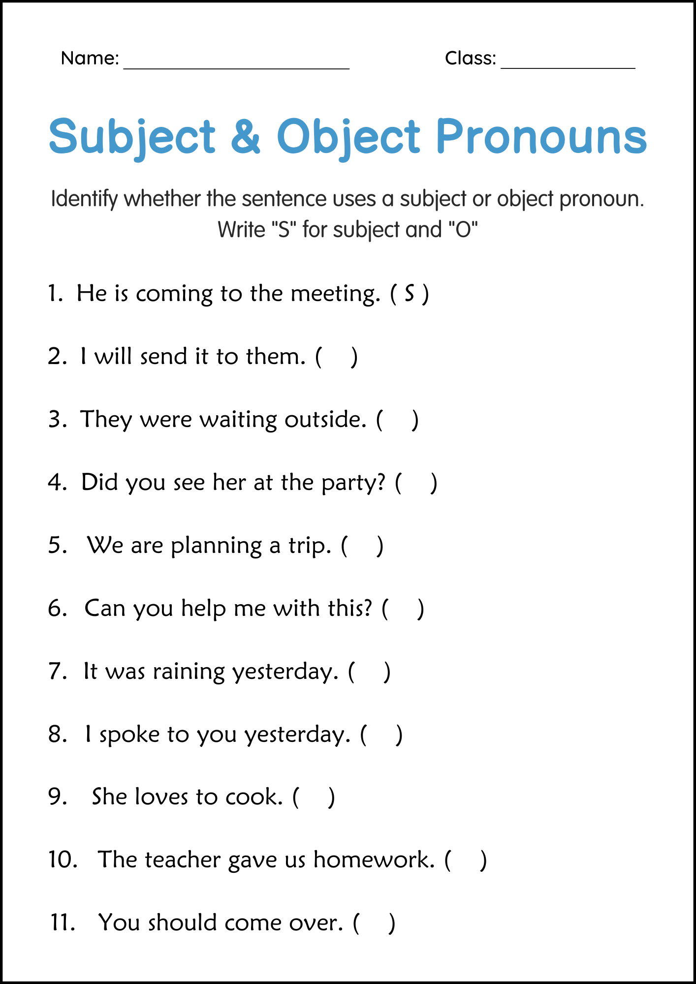 Grammar Subject And Object Pronouns Activity Worksheets For Grade 