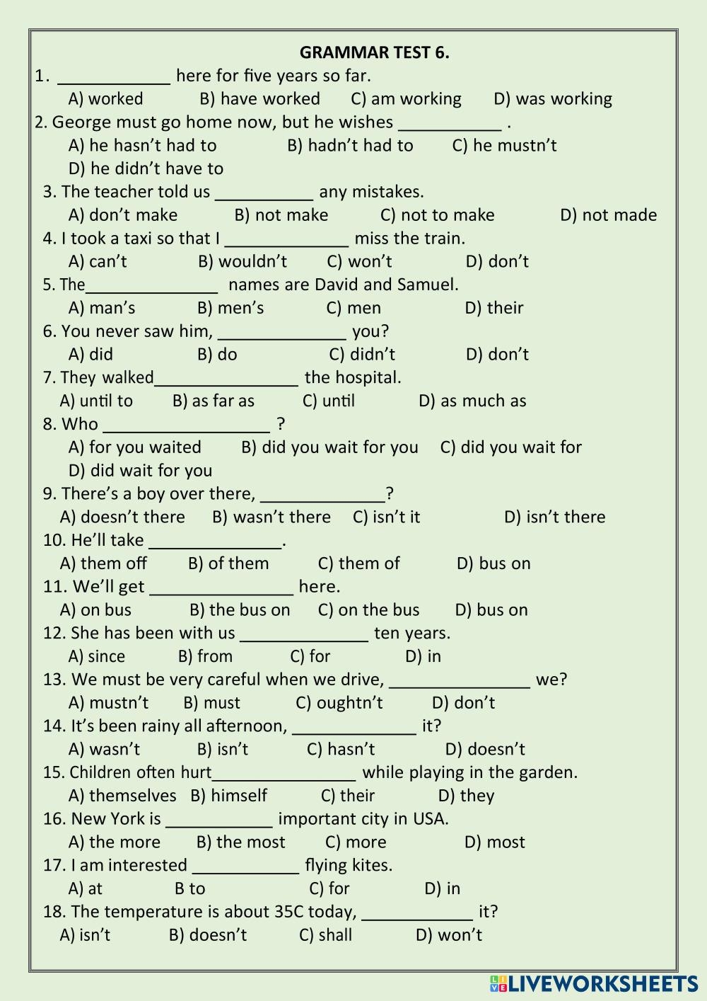 Grammar Test 6 Free Interactive Worksheets 7124487