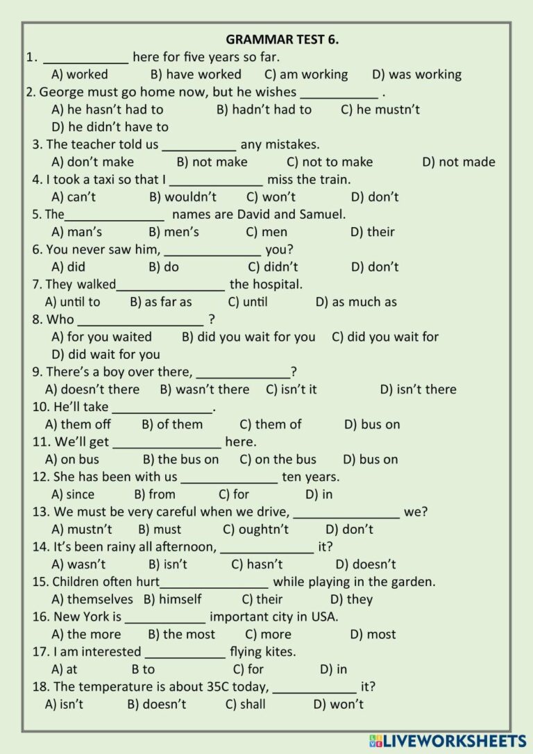 Grammar Test 6 Free Interactive Worksheets 7124487