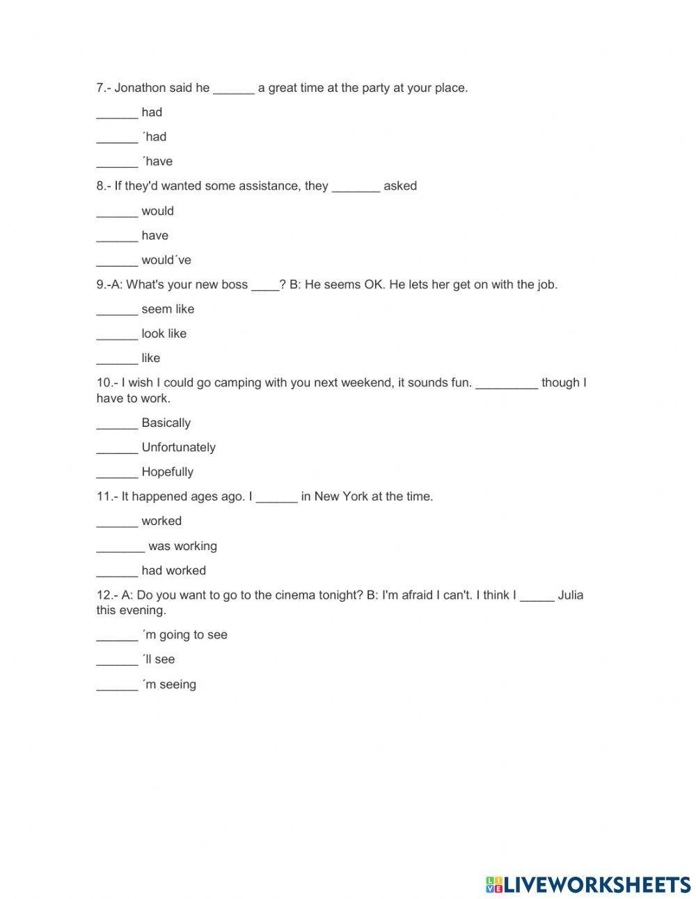 Grammar Test B2 Free Interactive Worksheets 1158647
