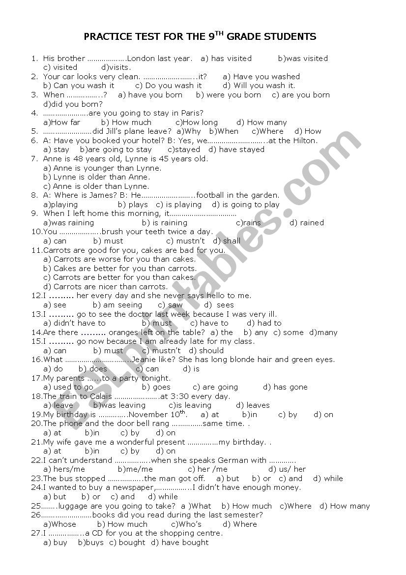 GRAMMAR TEST FOR 9TH GRADE STUDENTS ESL Worksheet By Barbarabs