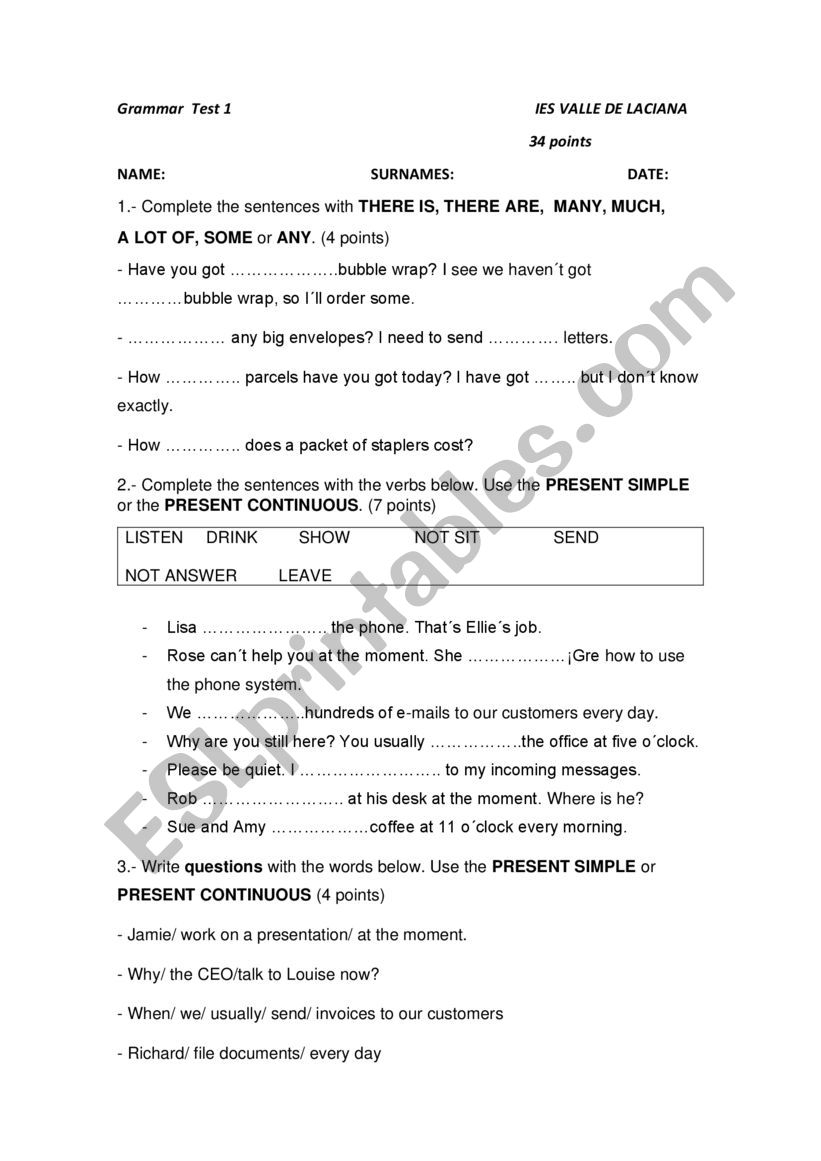 Grammar Test For Adult People ESL Worksheet By Villablino