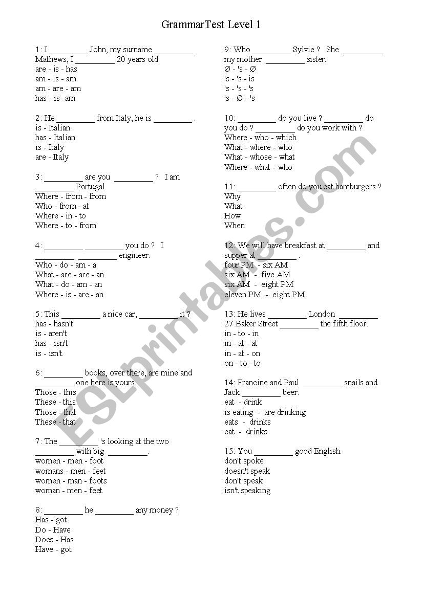 Grammar Test Level 1 ESL Worksheet By Peter0510 Grammar Test Level 1 ESL Worksheet By Peter0510