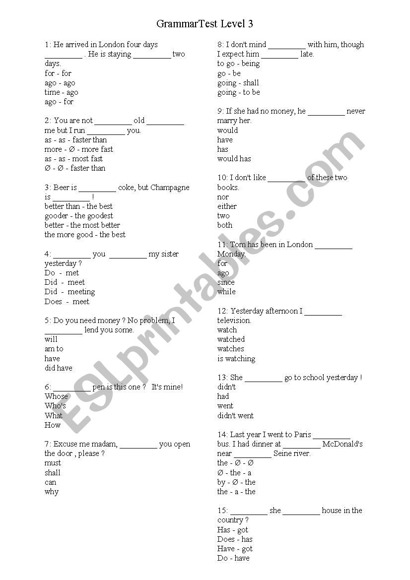 Grammar Test Level 3 ESL Worksheet By Peter0510
