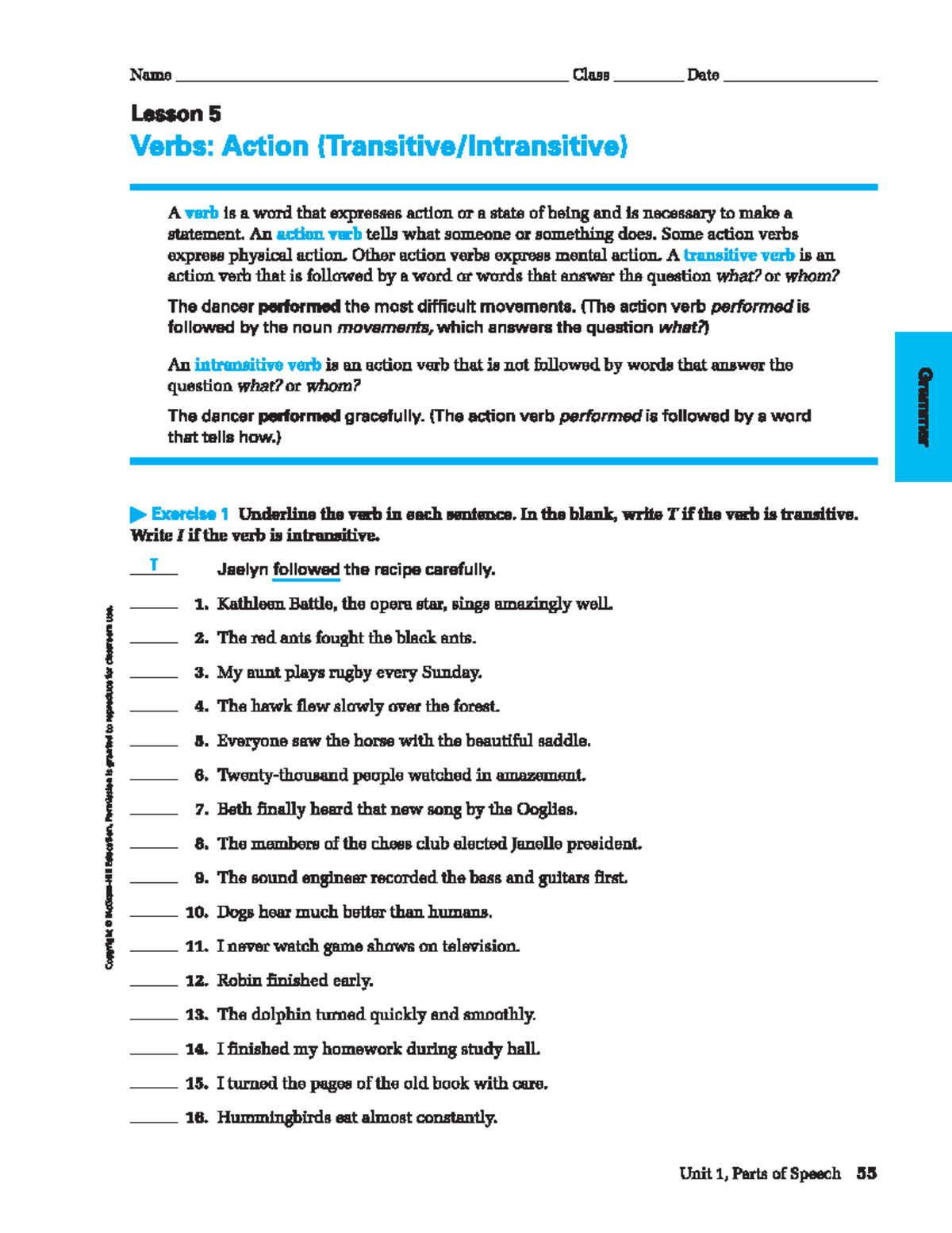 Grammar Verbs Lesson 5 Workbook Name Class Date Lesson 5 Verbs Action A Verb Is A Word That Studocu