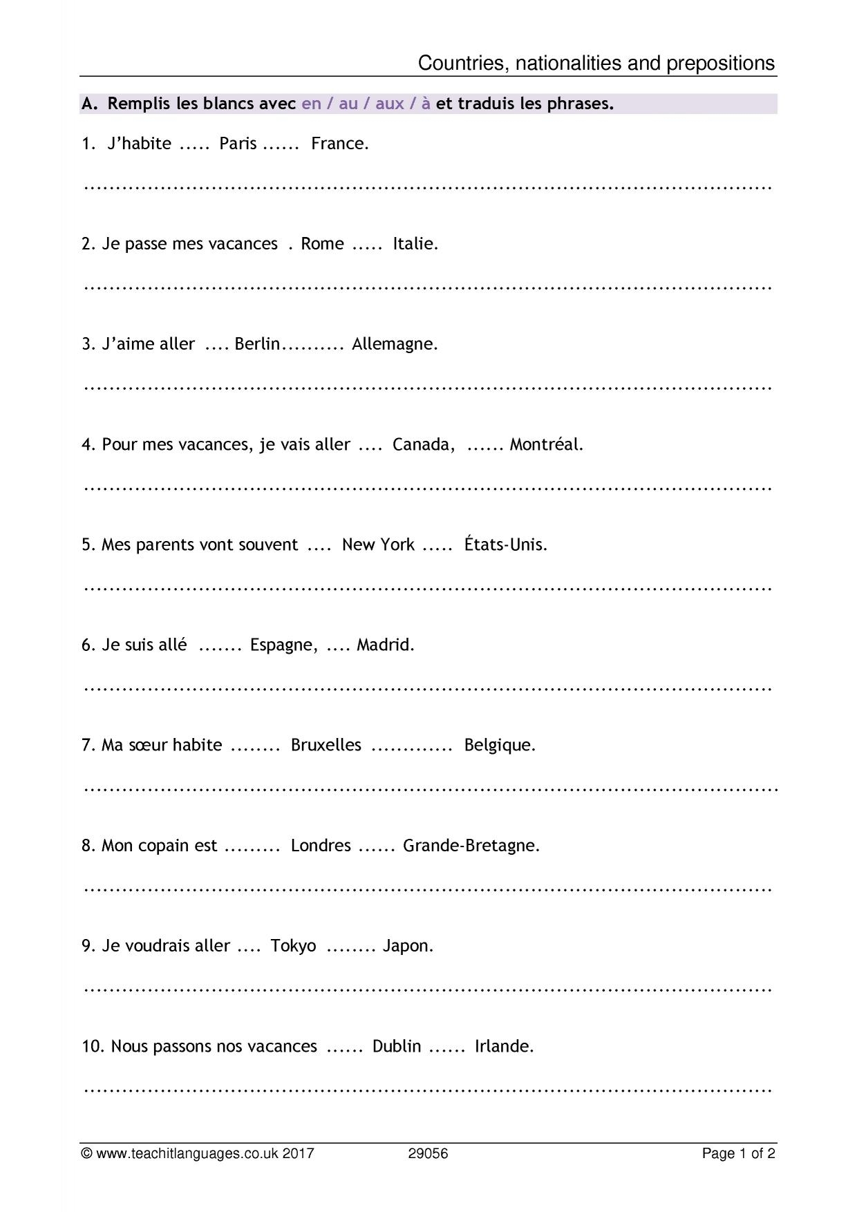 Grammar Worksheet Countries Nationalities And Prepositions KS3 French Teaching Resource Teachit Grammar Worksheet Countries Nationalities And Prepositions KS3 French Teaching Resource Teachit