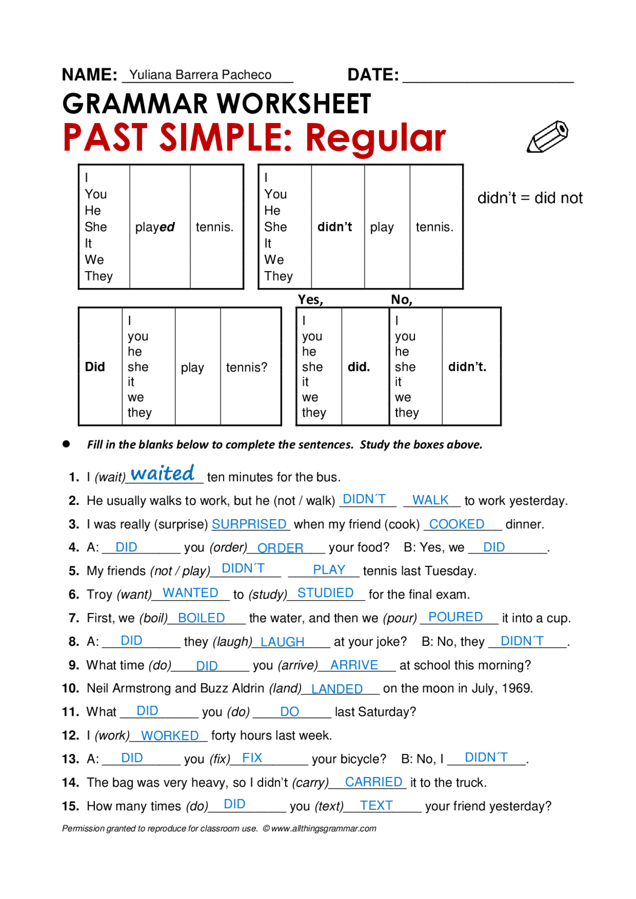 GRAMMAR WORKSHEET PAST SIMPLE REGULAR Ejercicios De Idioma Ingl s Docsity