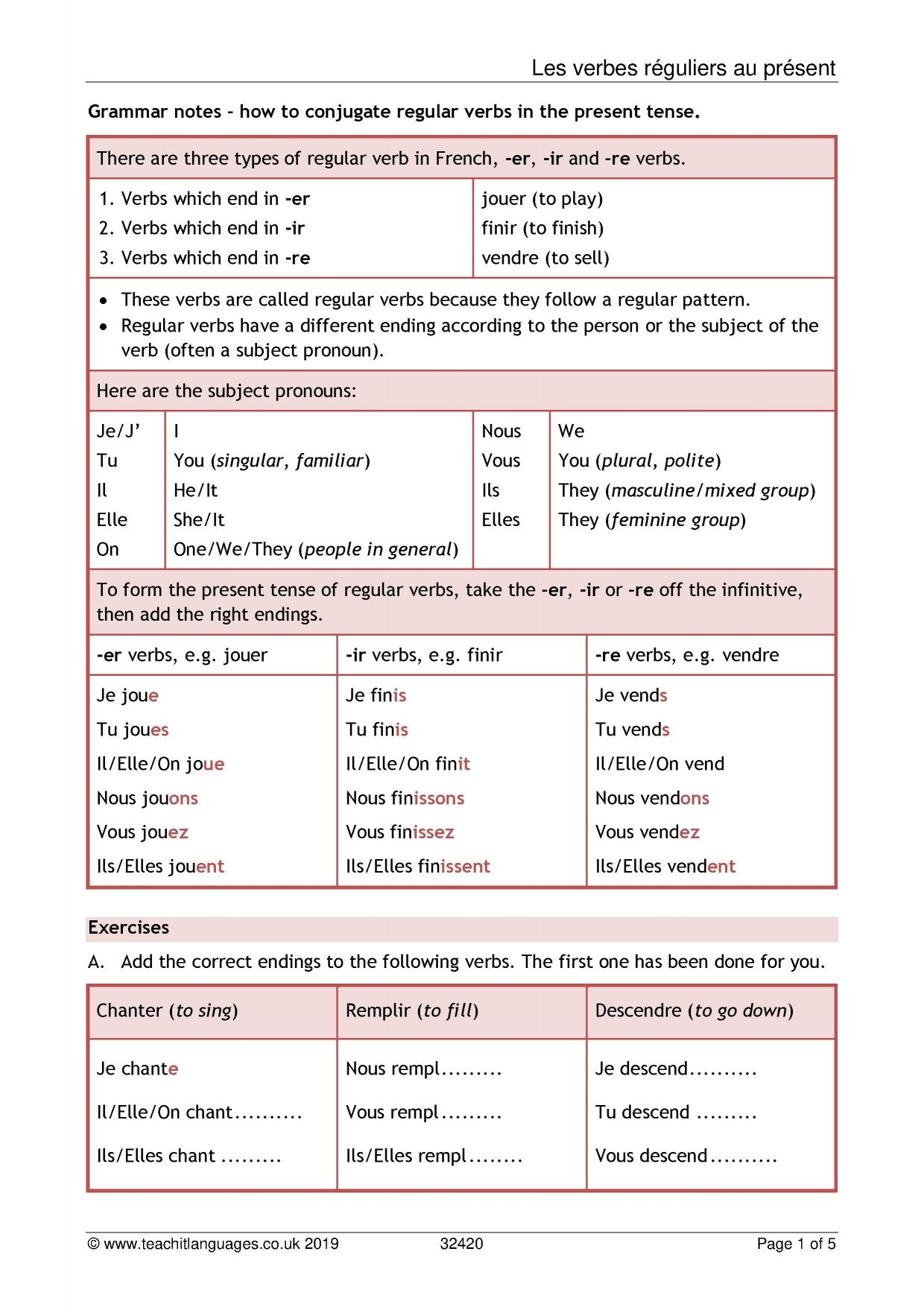 Grammar Worksheet Present Tense KS3 French Teaching Resource Teachit Grammar Worksheet Present Tense KS3 French Teaching Resource Teachit