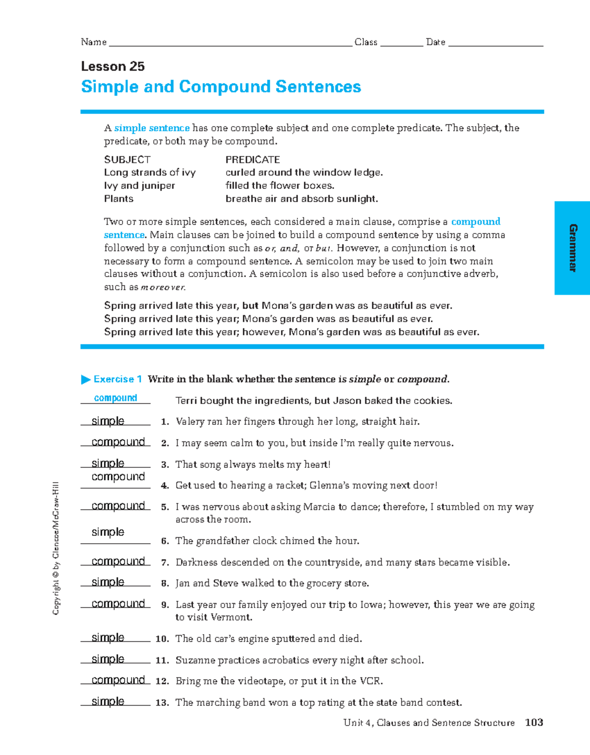 Grammar Worksheet Simple Compound Complex Compound Complex Sentences Studocu