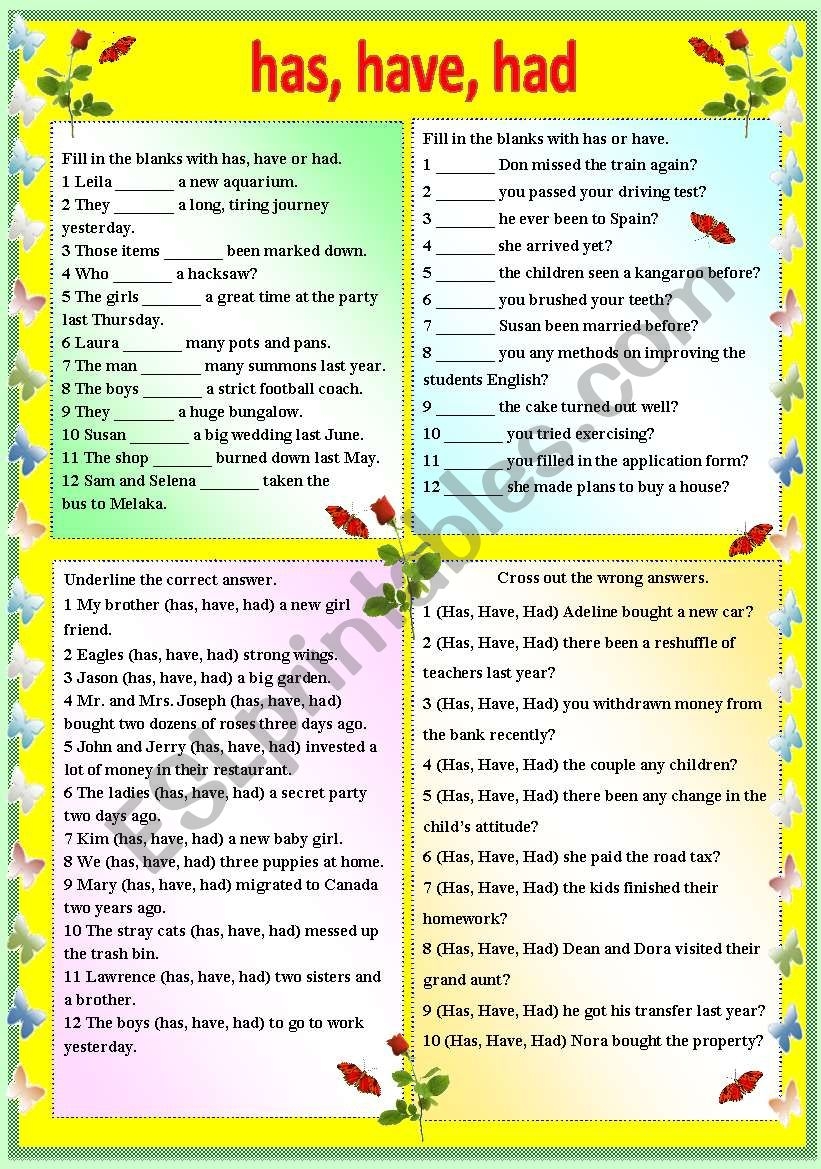 Have Has Had Grammar Worksheet Have Has Had Grammar Worksheet
