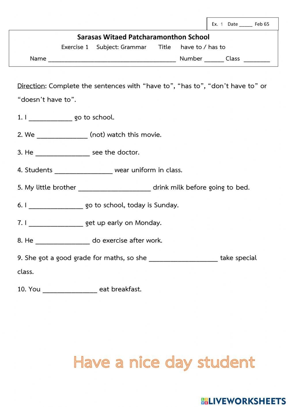 Have To Has To Free Interactive Worksheets 1852029