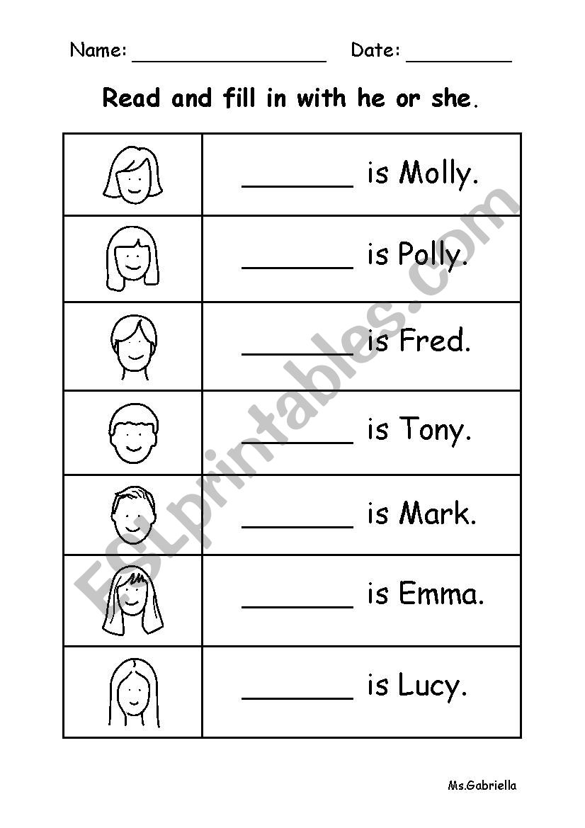 He Or She ESL Worksheet By GabbyM