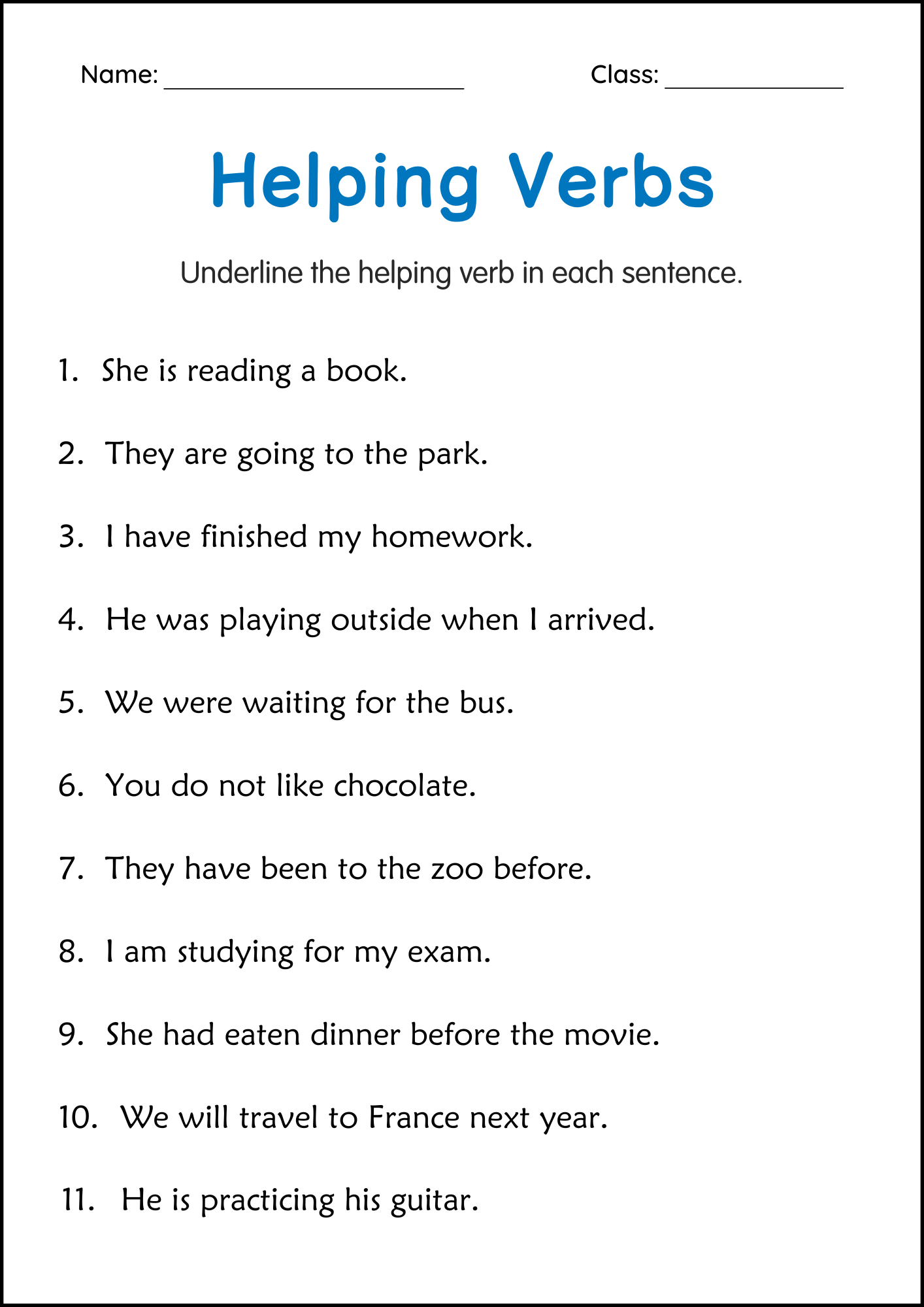 Helping Verbs Grammar Practice Activity Worksheet For Grade 1 Helping Verbs Grammar Practice Activity Worksheet For Grade 1