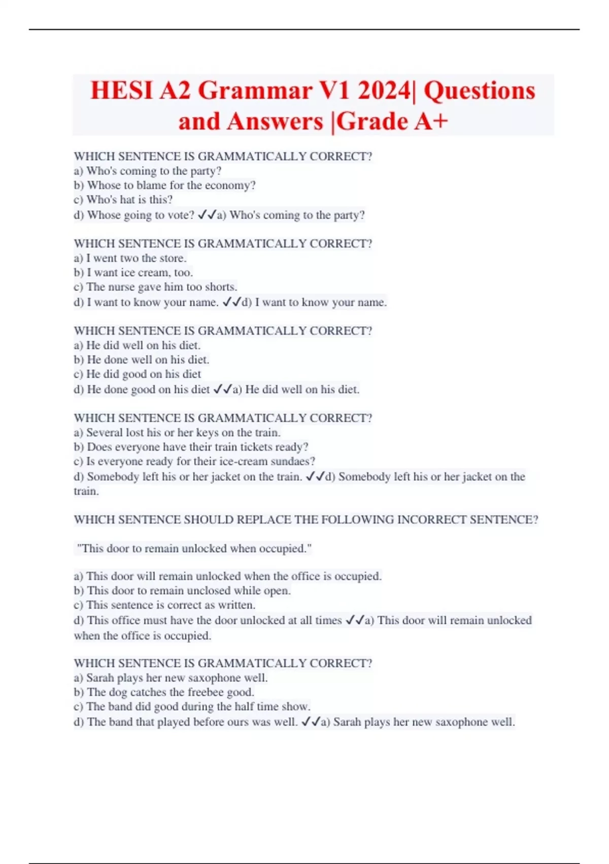 HESI A2 Grammar V1 2024 Questions And Answers Grade A HESI A2 Grammar V1 2024 Stuvia US HESI A2 Grammar V1 2024 Questions And Answers Grade A HESI A2 Grammar V1 2024 Stuvia US