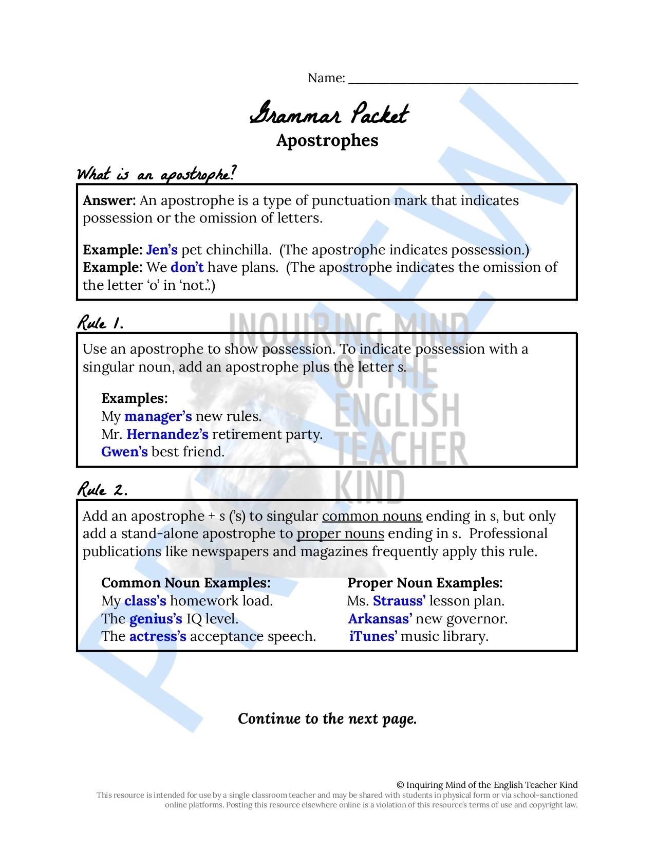 High School Grammar Practice Worksheet On Apostrophe Rules Classful