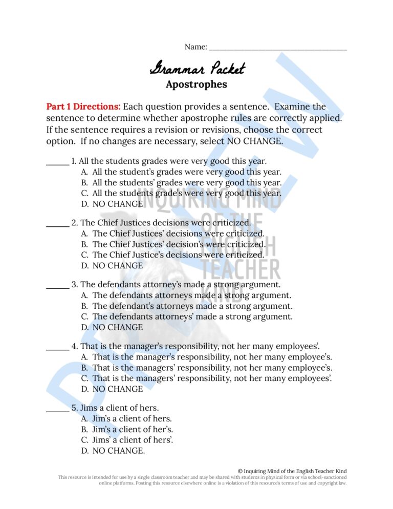 High School Grammar Practice Worksheet On Apostrophe Rules Classful