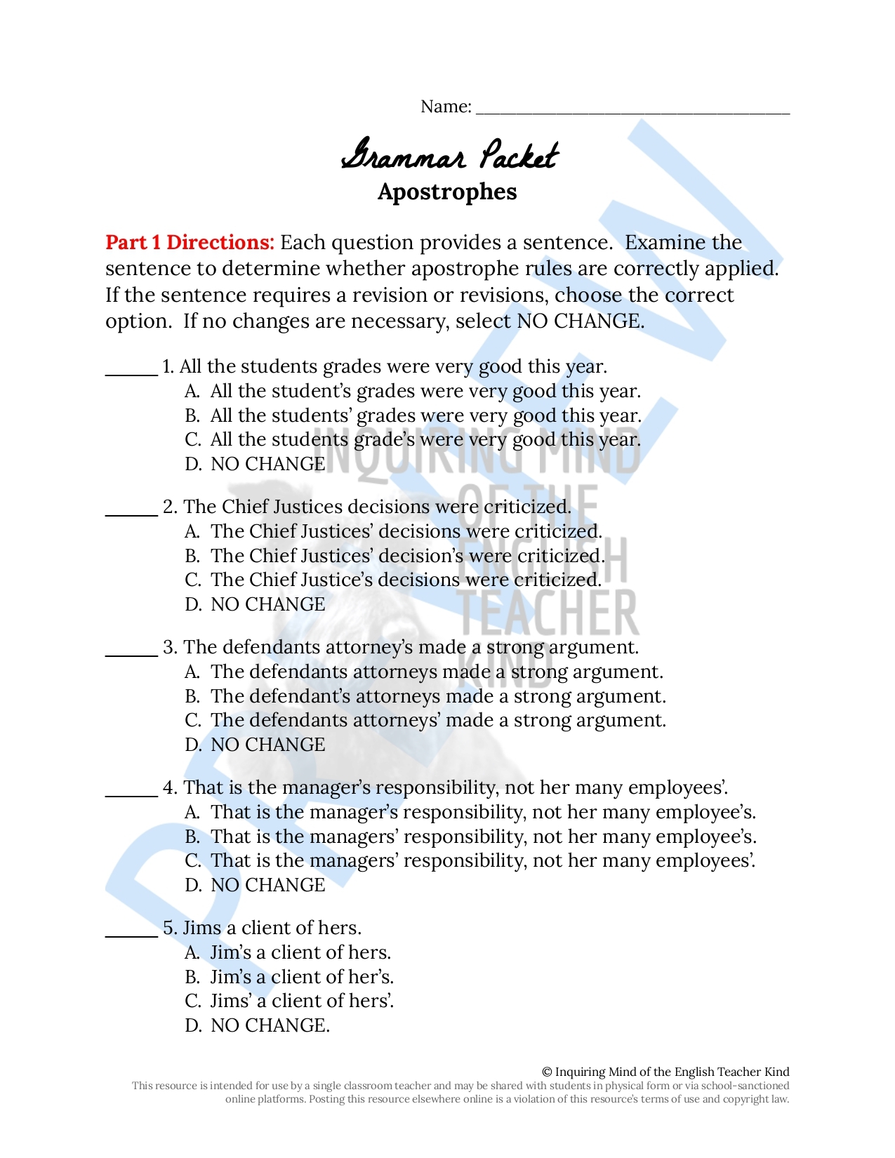 High School Grammar Practice Worksheet On Apostrophe Rules Classful