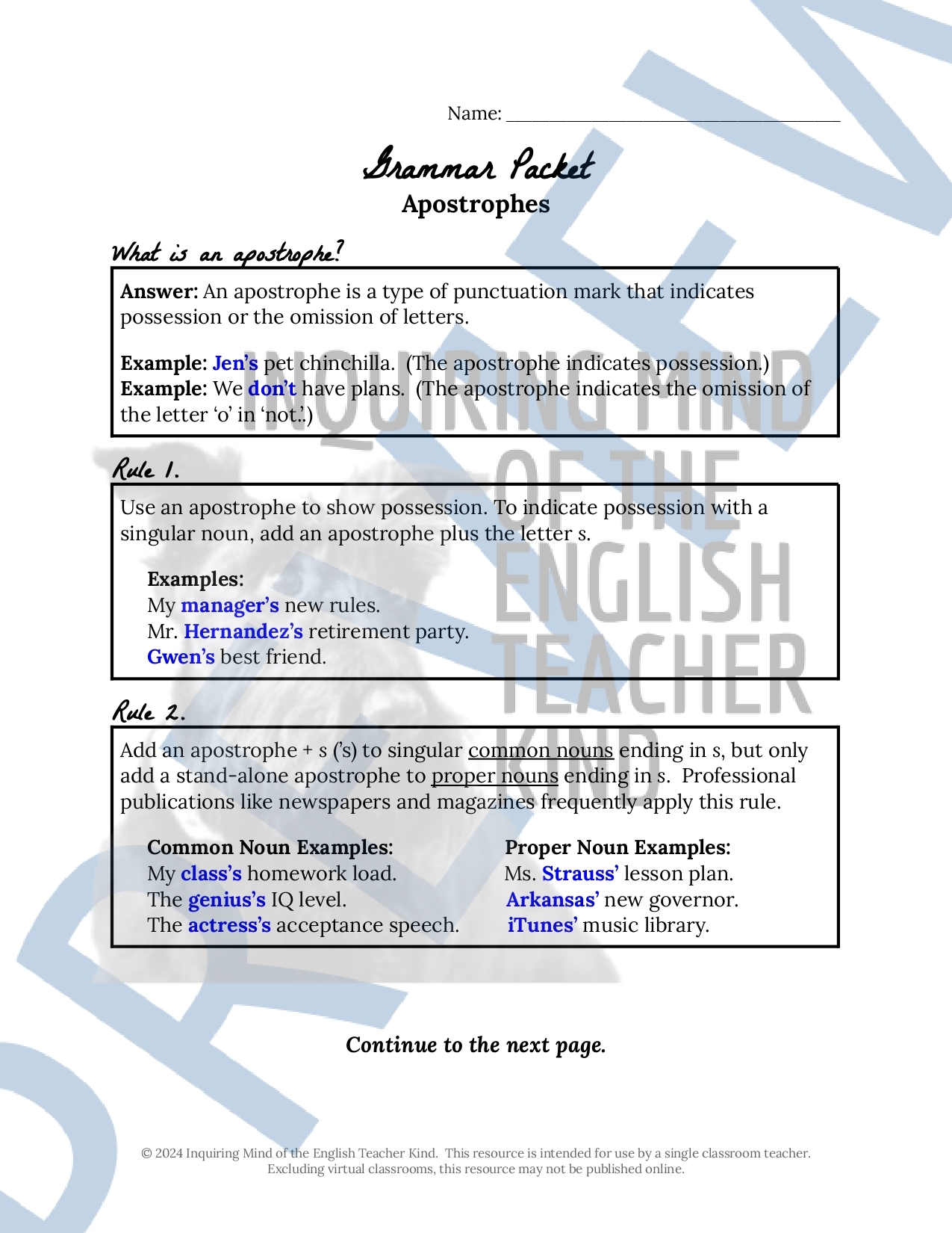 Weekly Grammar Worksheet Apostrophes Answer Key