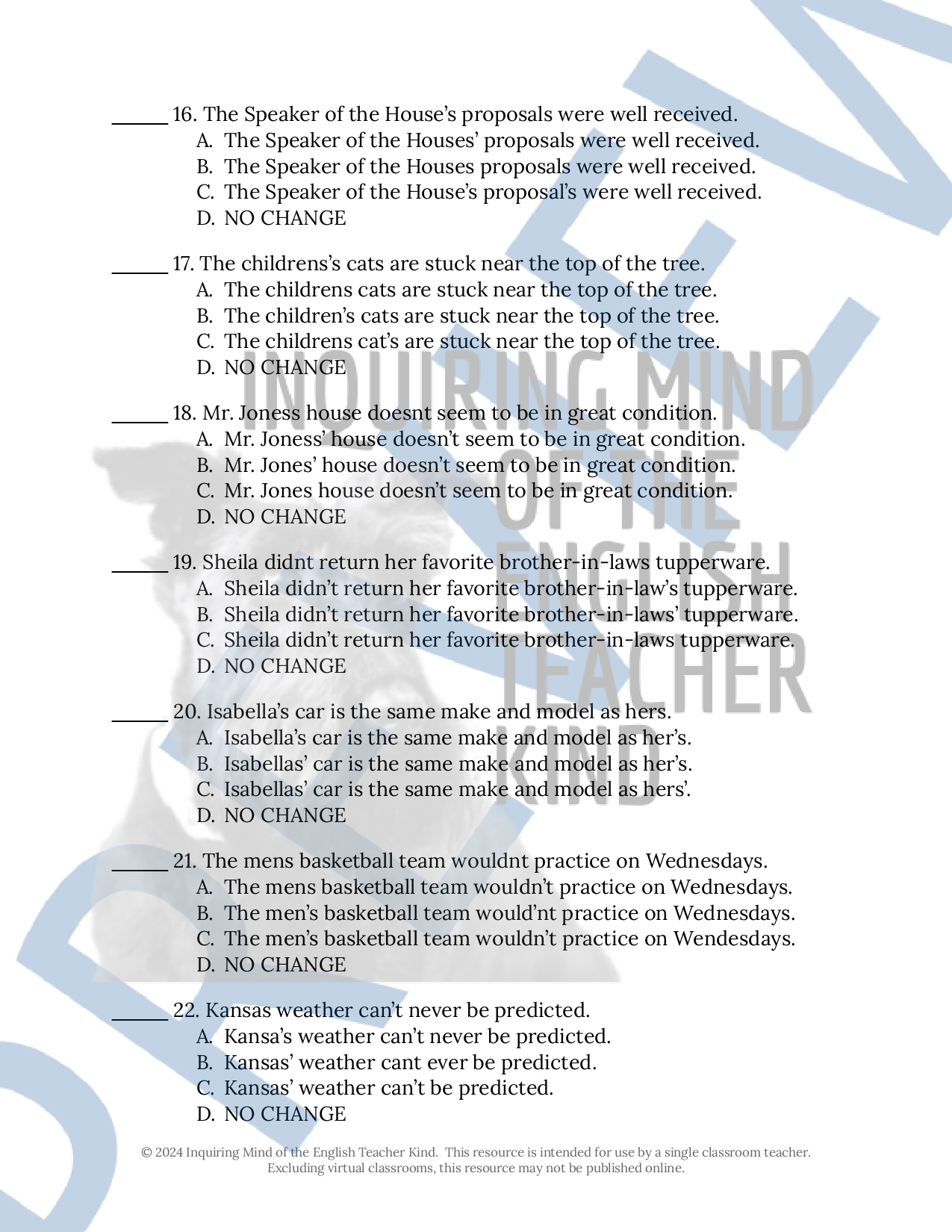 High School Grammar Practice Worksheet On Apostrophe Rules Made By Teachers