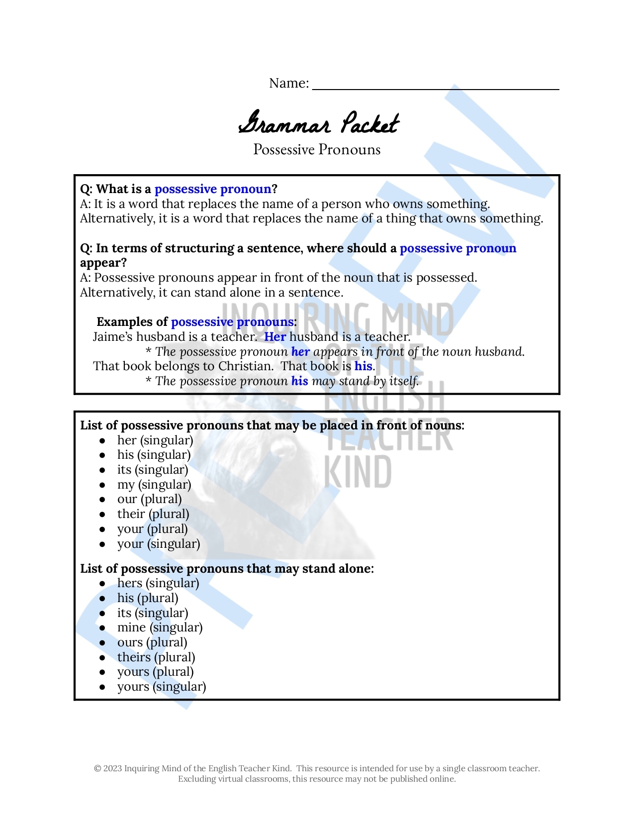 High School Grammar Practice Worksheet On Possessive Pronouns Made By Teachers