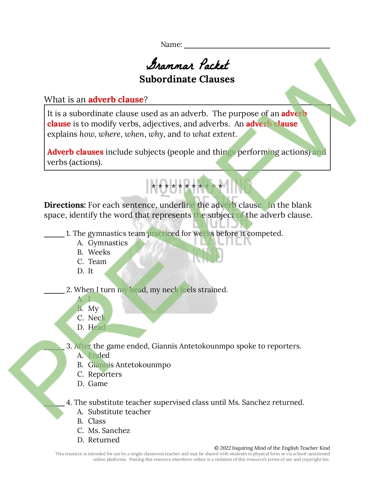 High School Grammar Worksheets Clauses