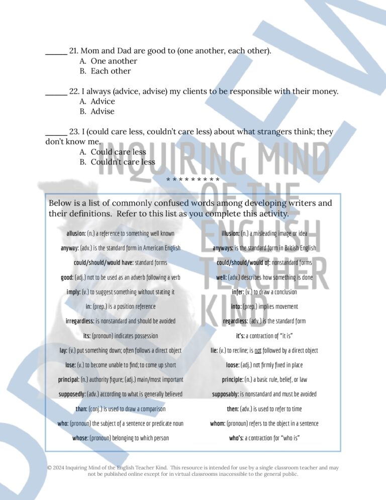 High School Grammar Practice Worksheet On Word Usage Errors Made By Teachers