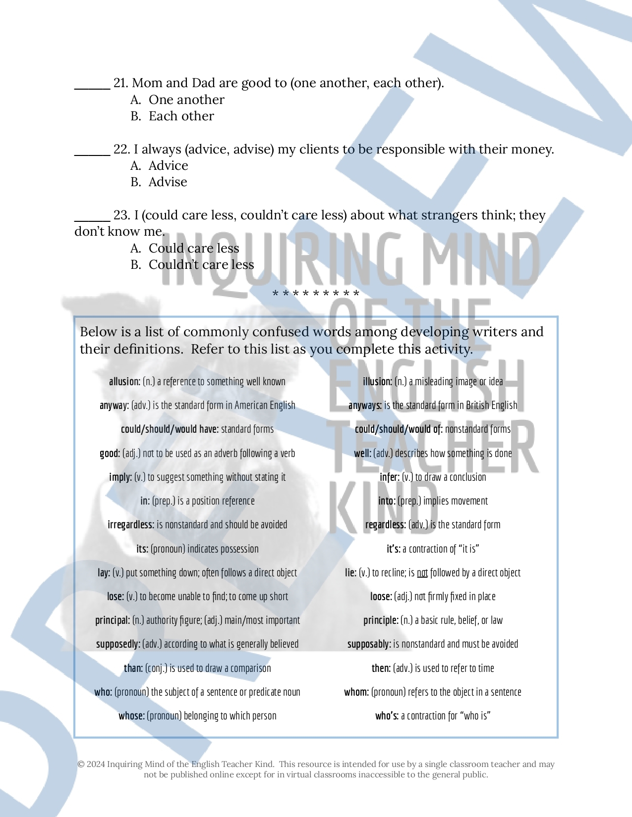 High School Grammar Practice Worksheet On Word Usage Errors Made By Teachers