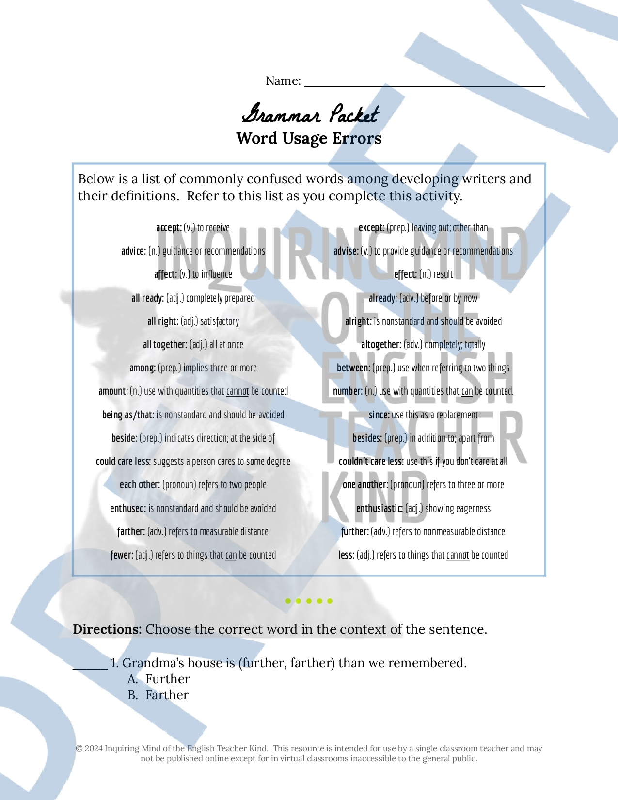 High School Grammar Practice Worksheet On Word Usage Errors Made By Teachers