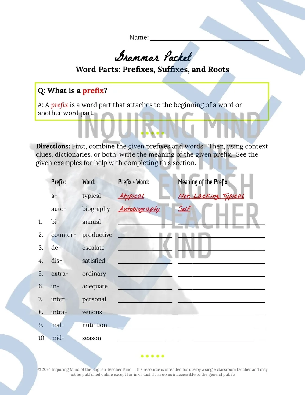 High School Grammar Review Worksheet On Prefixes Suffixes And Roots With Answer Key Inquiring Mind Of The English Teacher Kind