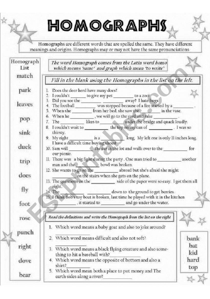 Homographs Practice Worksheets Grammar Blm