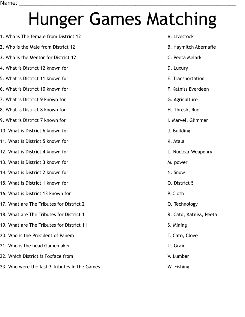 Hunger Games Matching Worksheet WordMint Hunger Games Matching Worksheet WordMint