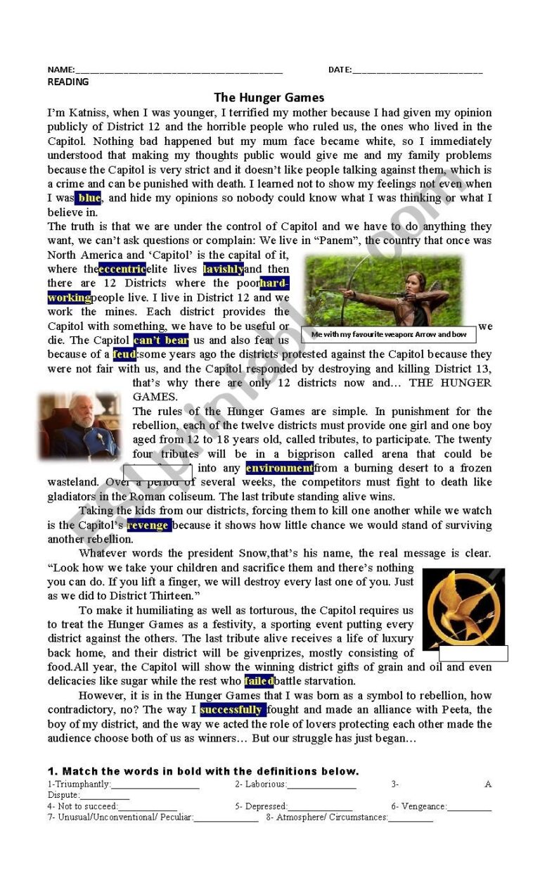 Hunger Games Reading And Grammar Activitites ESL Worksheet By Regy