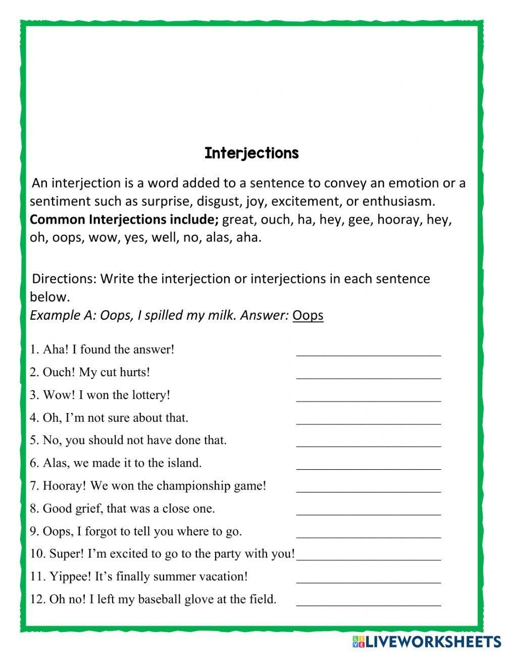 Interjection Grammar Worksheets Interjection Grammar Worksheets