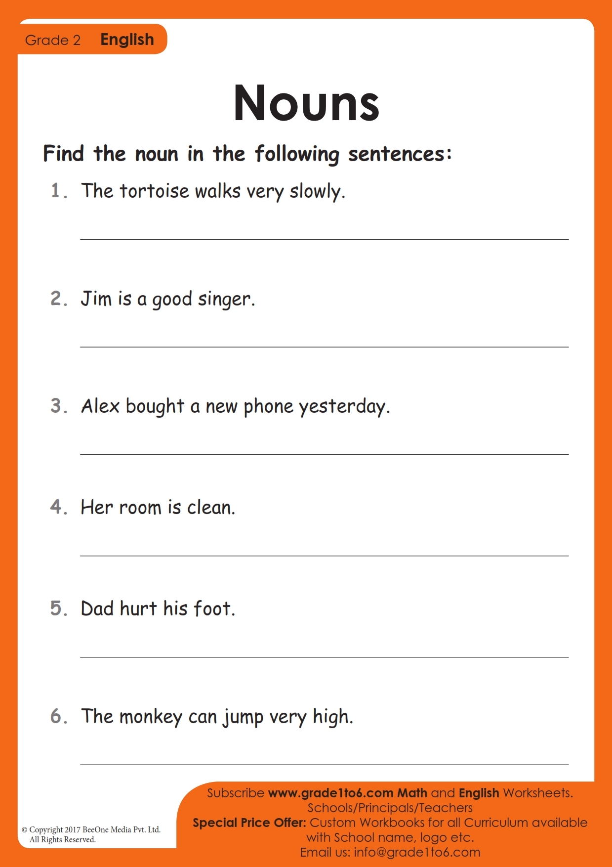 Identifying Nouns In Sentences Worksheet Grade1to6
