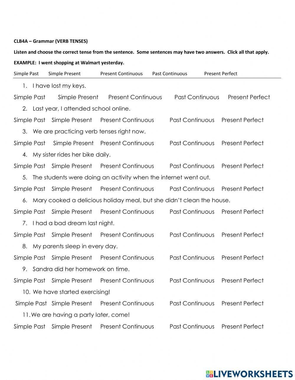 Grammar Tenses Worksheet Grammar Tenses Worksheet