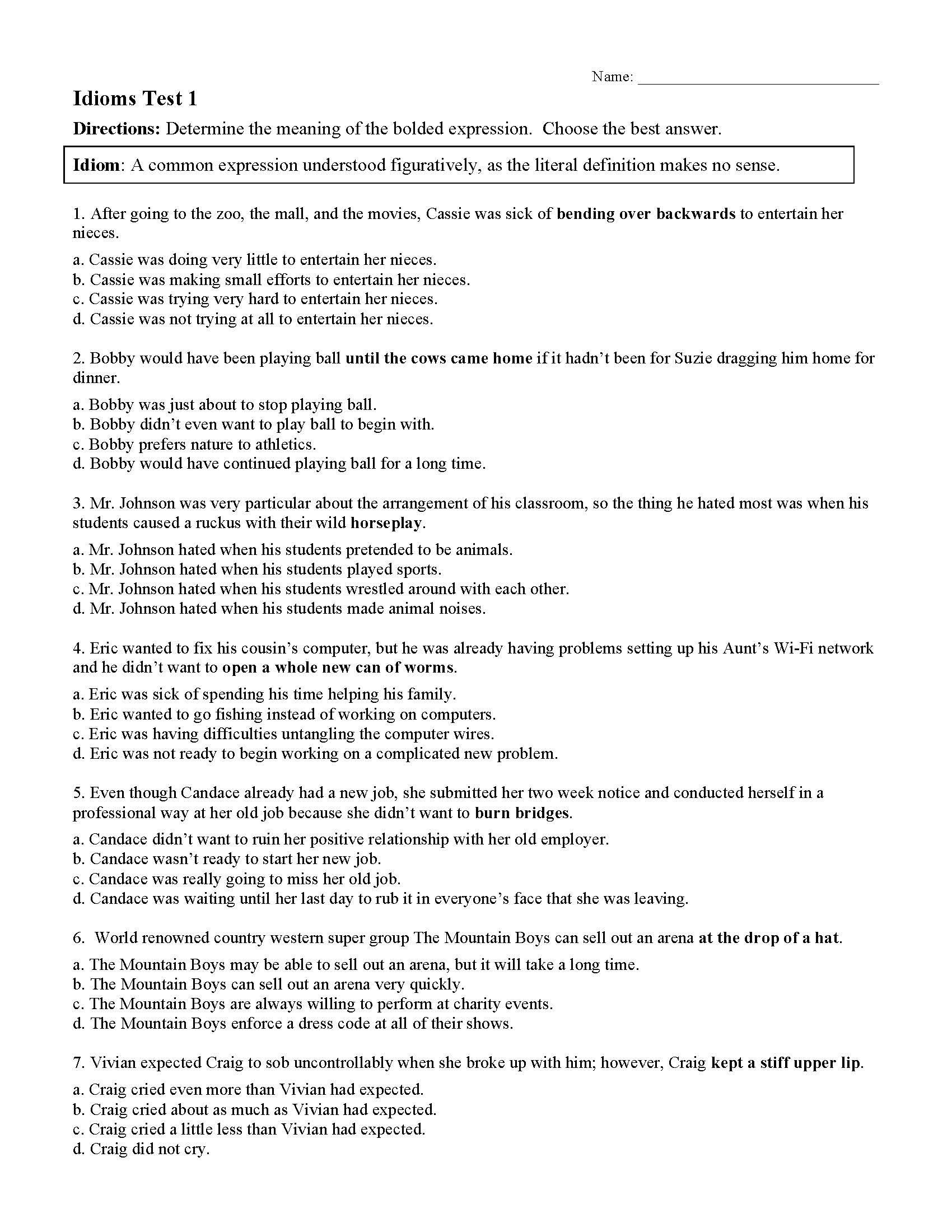 Idiom Worksheets Tests Figurative Language Activities