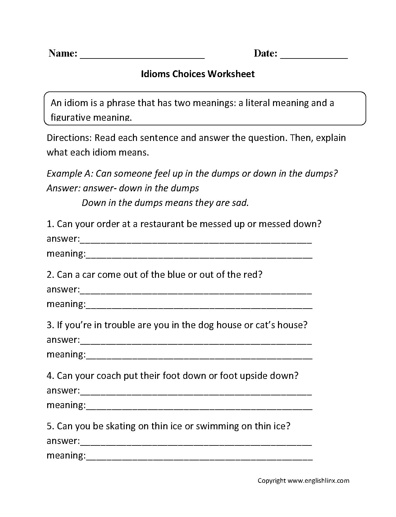 Idioms Grammar Worksheet