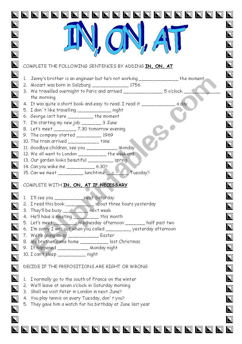 In On At Grammar Worksheets In On At Grammar Worksheets
