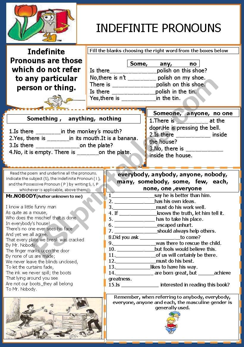 INDEFINITE PRONOUNS ESL Worksheet By Jhansi
