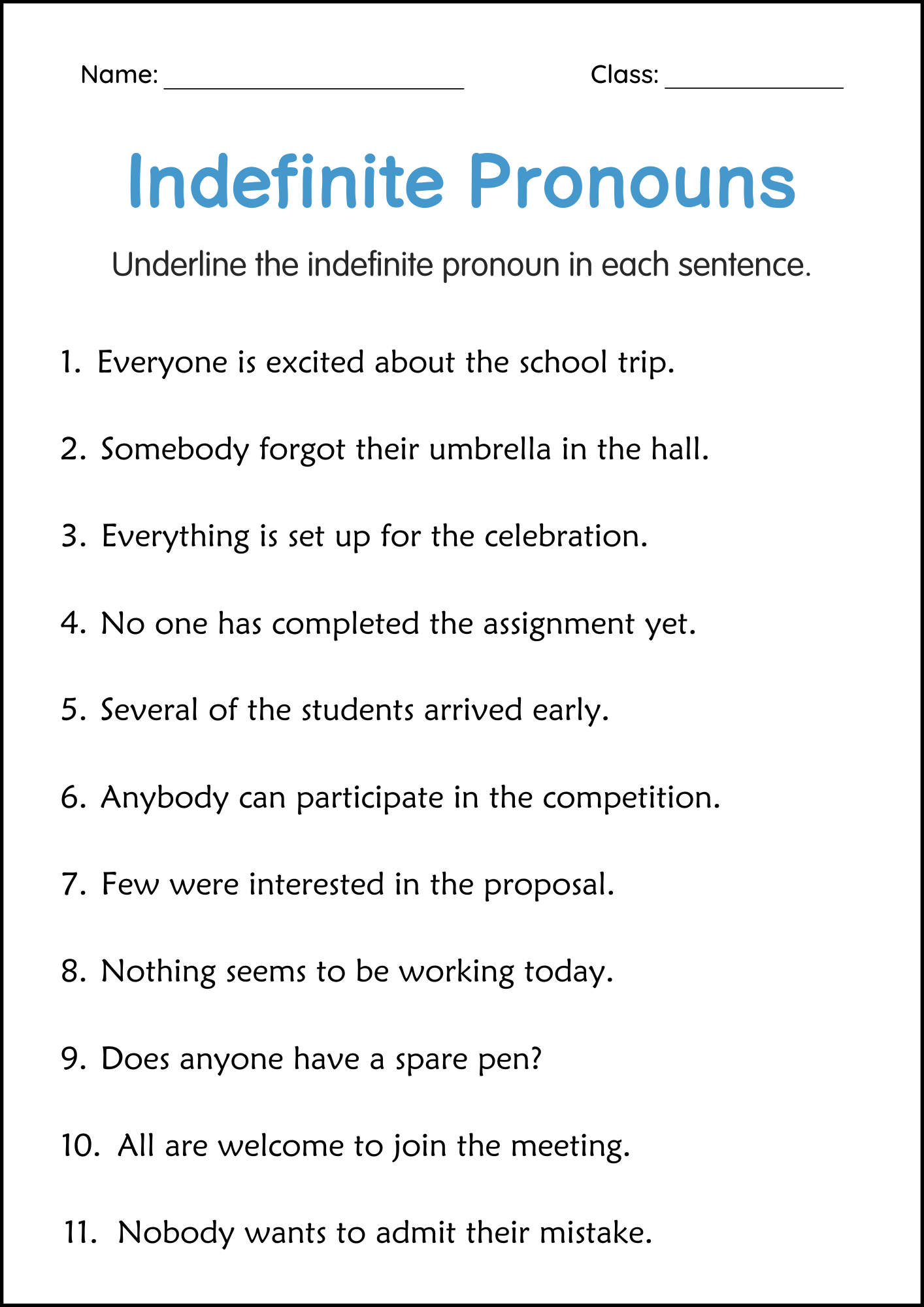 Indefinite Pronouns Grammar Worksheet For Grade 1 2 3 Teaching Resources Indefinite Pronouns Grammar Worksheet For Grade 1 2 3 Teaching Resources