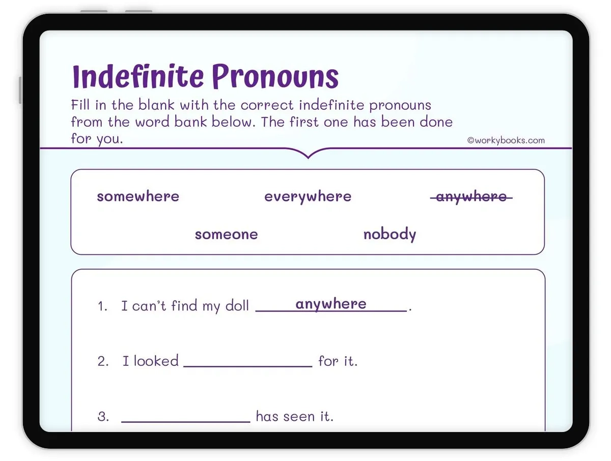 Indefinite Pronouns Worksheet L 1 1 D L 1 1 Workybooks For Teachers Parents Homeschoolers Printable Interactive