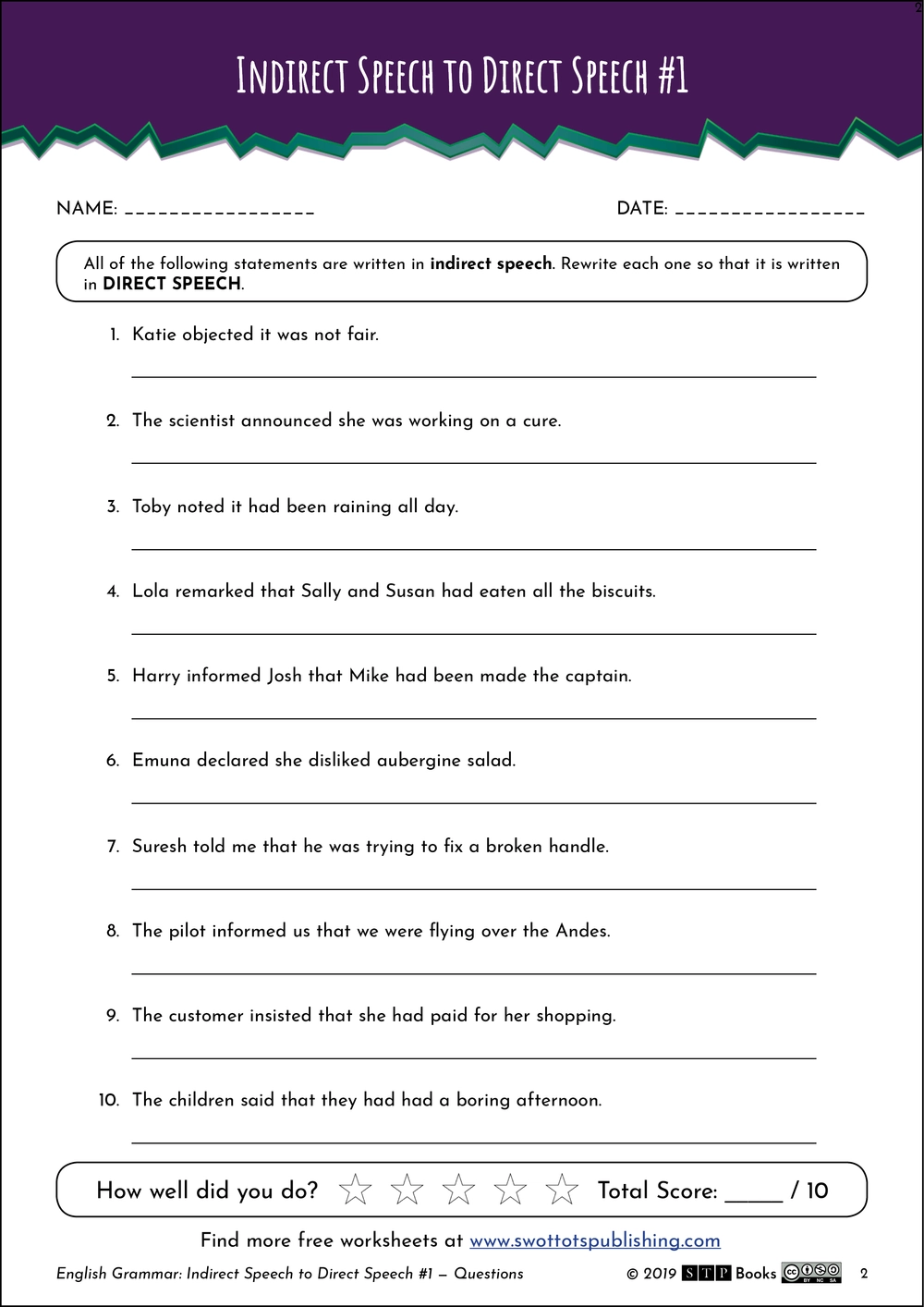 Indirect Direct Speech English Worksheet 01 STP Books